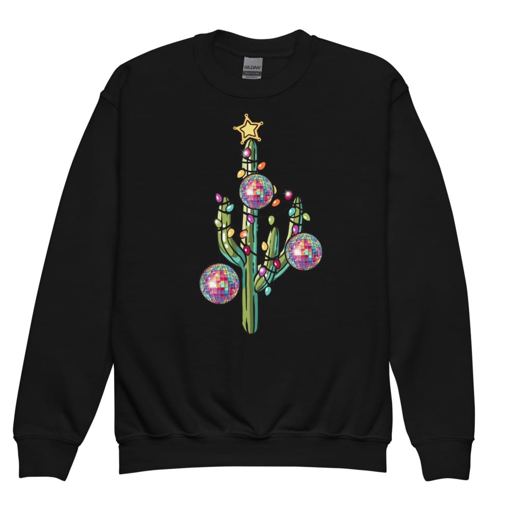 Holly Jolly Cactus Youth Sweatshirt — Black, flat front view