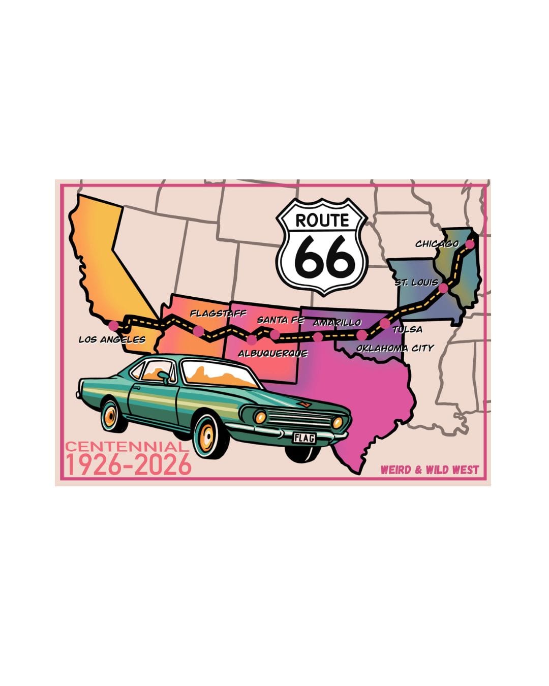 Roadtrip — a hand-drawn retro map of Route 66 from Chicago to LA