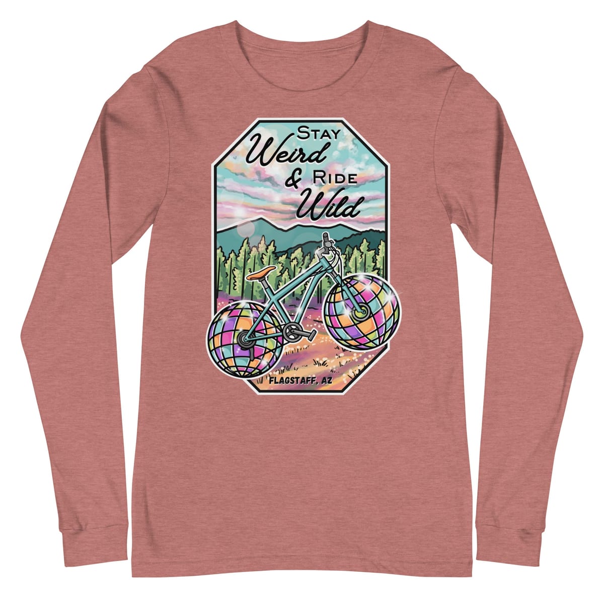 Stay Weird & Ride Wild- Long Sleeve Shirt — Heather Mauve, flat front view