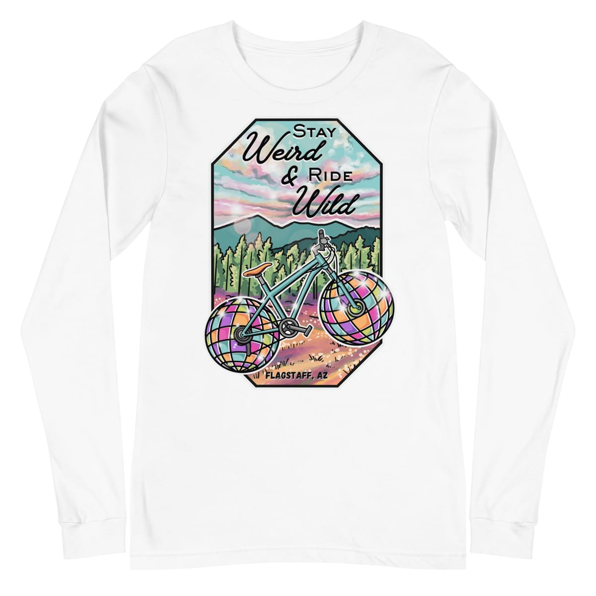Stay Weird & Ride Wild- Long Sleeve Shirt — White, flat front view
