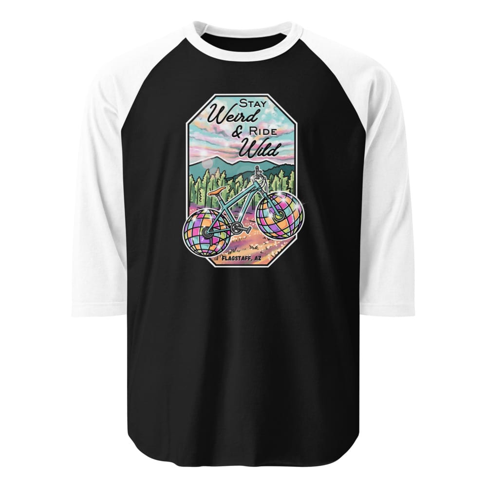 Stay Weird & Ride Wild - Raglan Shirt — Black/White, flat front view