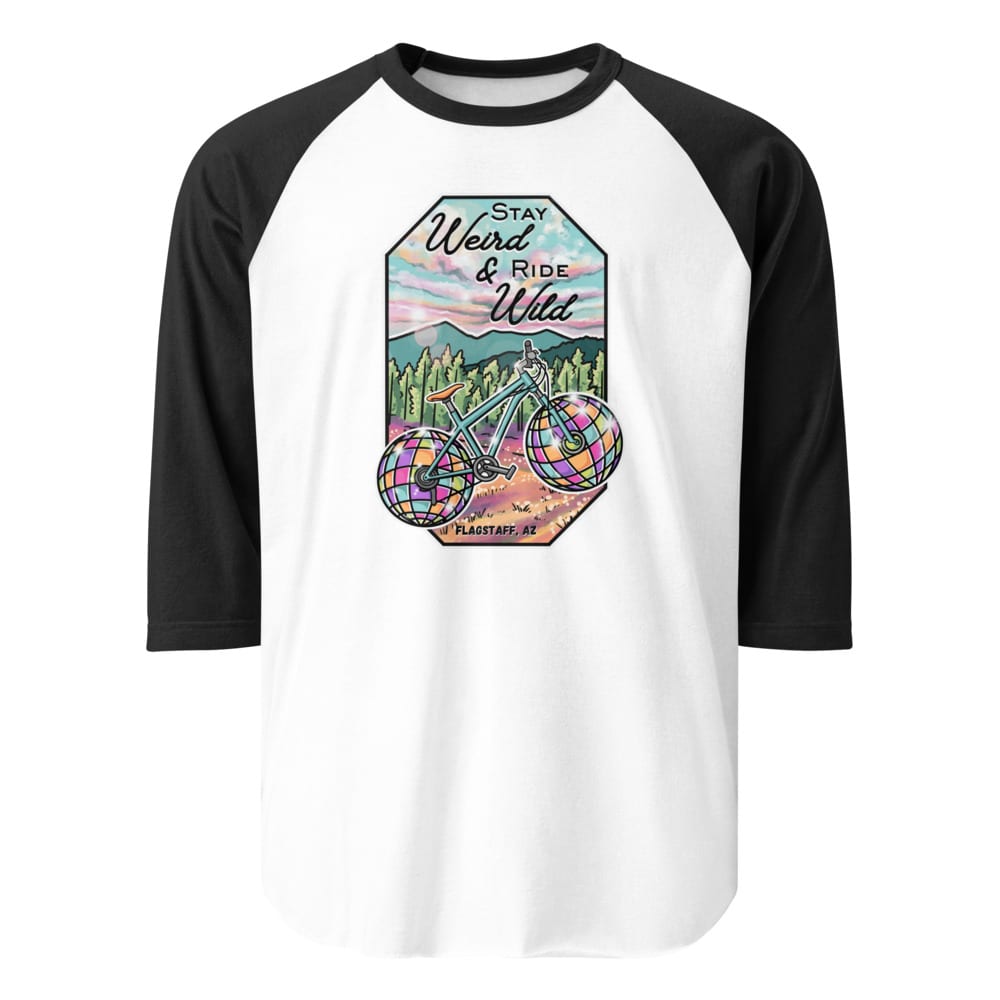 Stay Weird & Ride Wild - Raglan Shirt — White/Black, flat front view