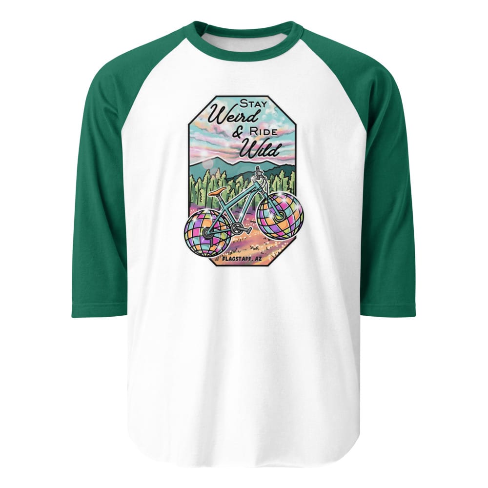 Stay Weird & Ride Wild - Raglan Shirt — White/Kelly, flat front view