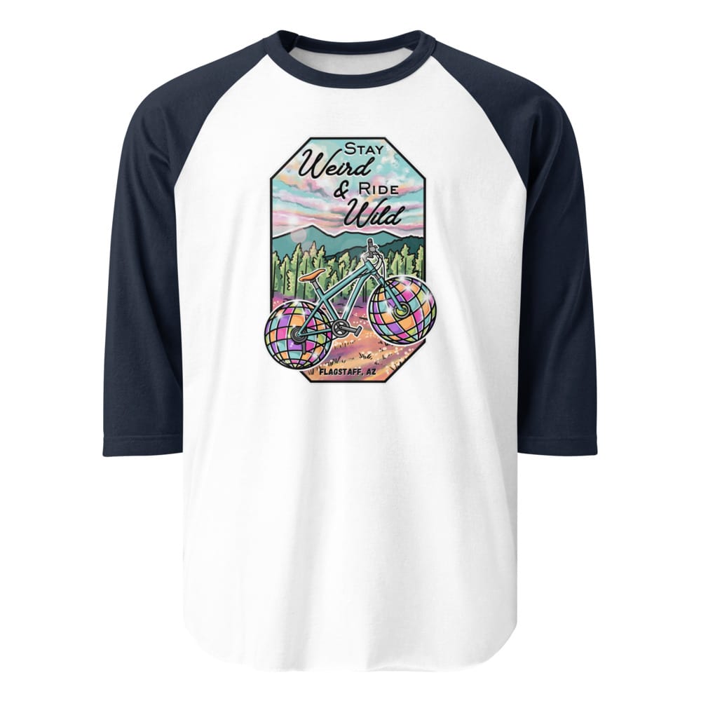 Stay Weird & Ride Wild - Raglan Shirt — White/Navy, flat front view