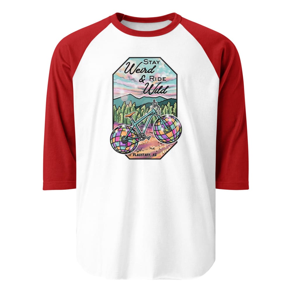 Stay Weird & Ride Wild - Raglan Shirt — White/Red, flat front view