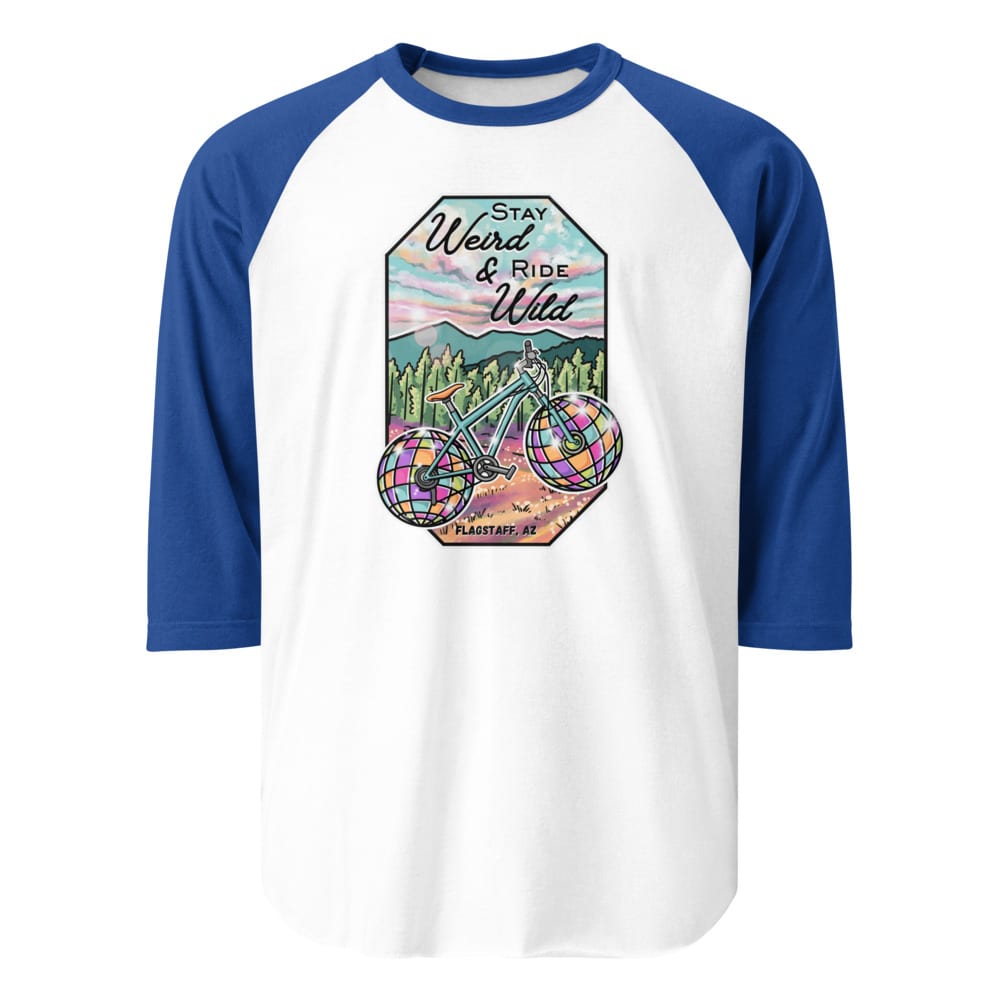 Stay Weird & Ride Wild - Raglan Shirt — White/Royal, flat front view