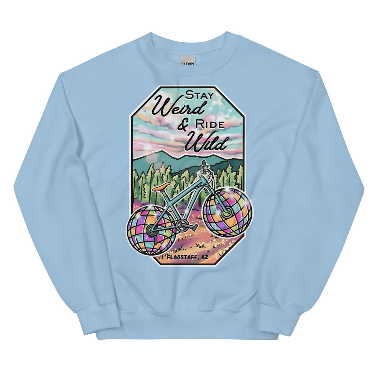 Stay Weird & Ride Wild - Sweatshirt — Light Blue, flat front view