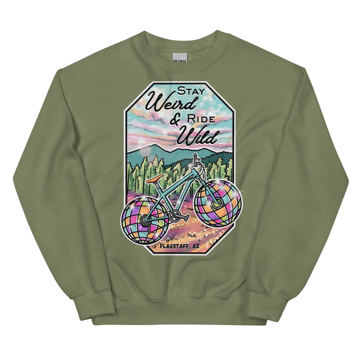 Stay Weird & Ride Wild - Sweatshirt — Military Green, flat front view