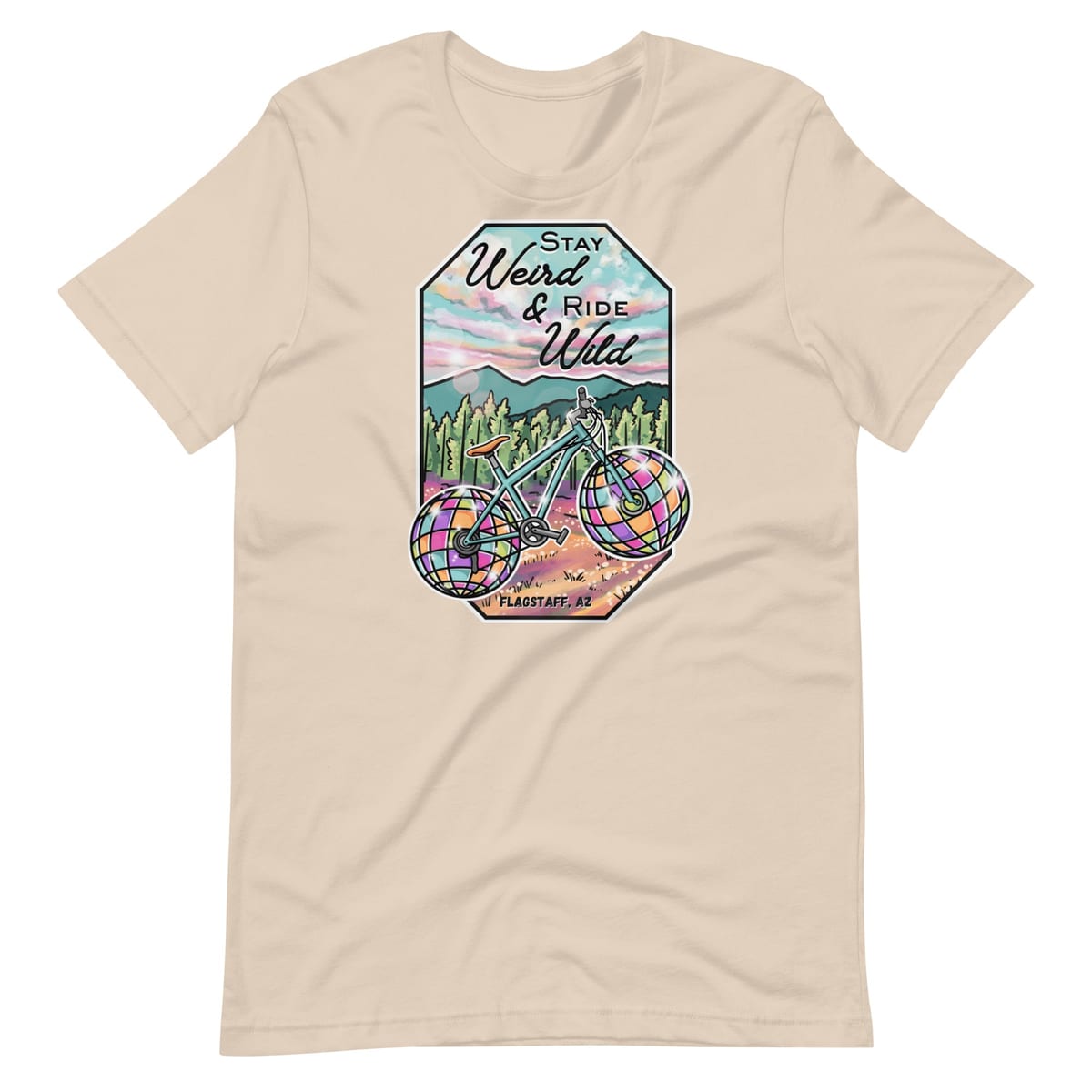 Stay Weird & Ride Wild - T Shirt — Soft Cream, flat front view