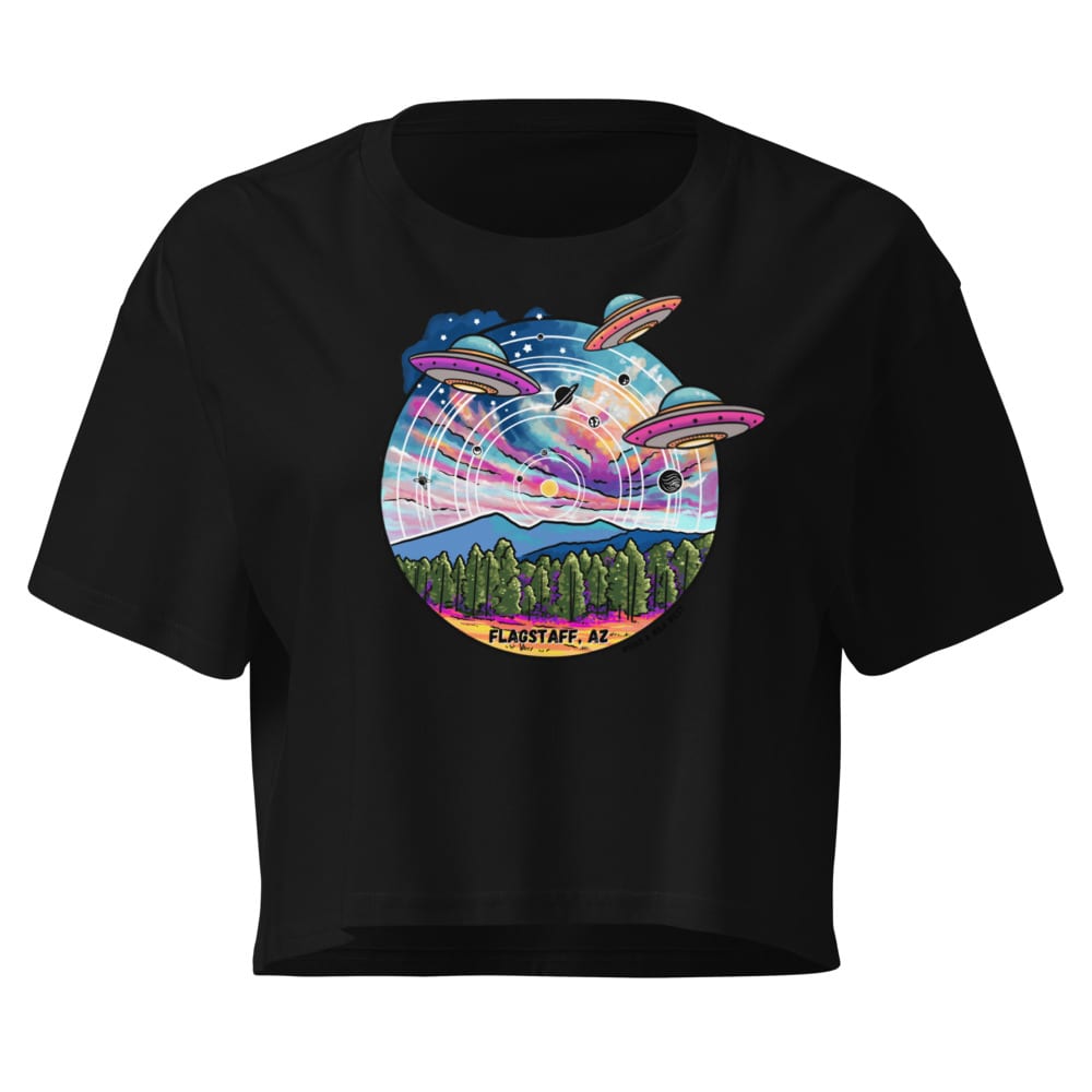 Tourist Season, Right? Crop Top — Black, flat front view