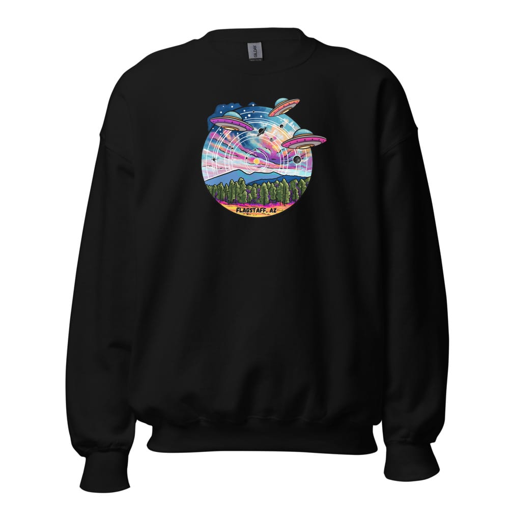 Tourist Season, Right? Sweatshirt — Black, flat front view
