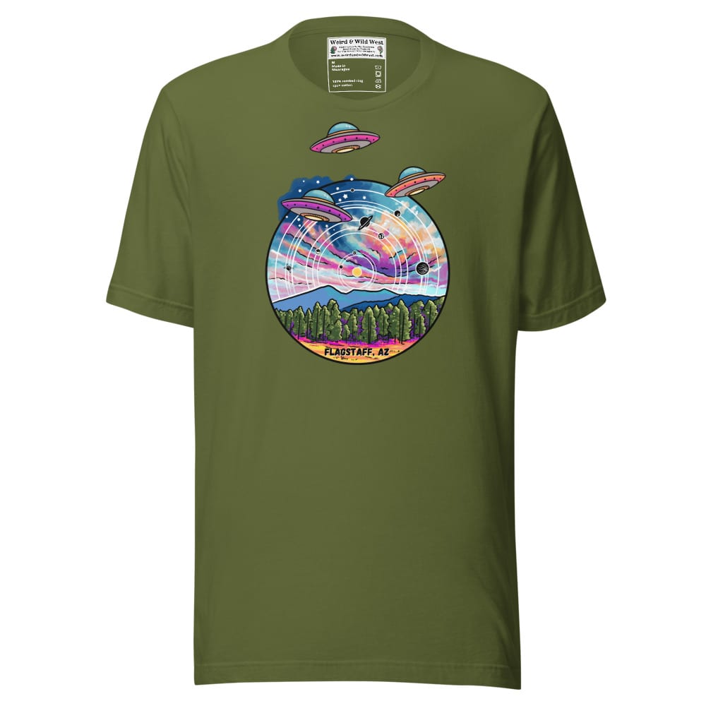 Tourist Season, Right? T-shirt — Olive, flat front view