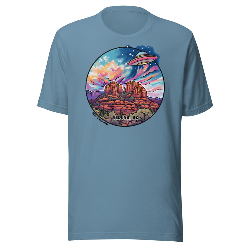 Vortex Voyagers T shirt — Steel Blue, flat front view