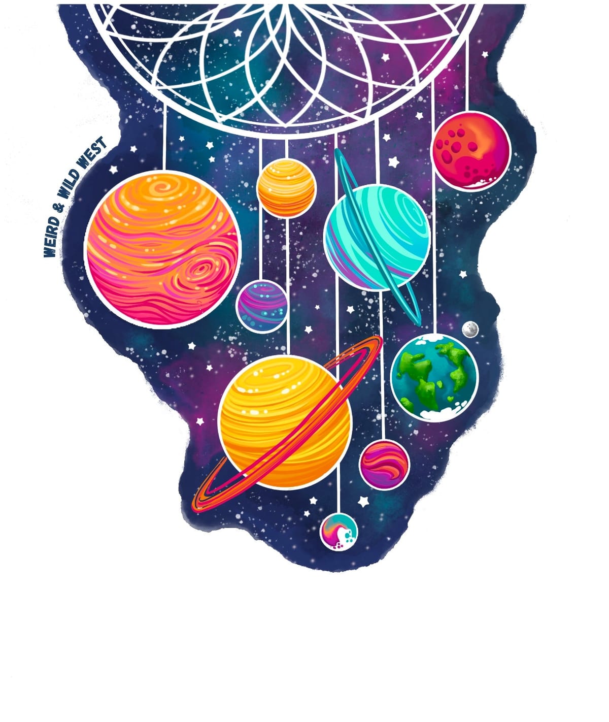 Cosmic Dreams original artwork — a dreamcatcher holding all nine planets