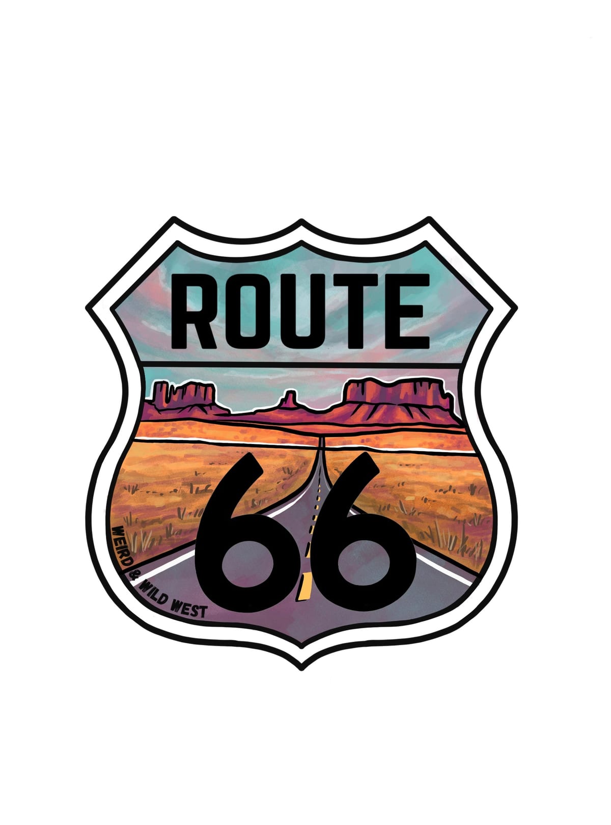 Through the Desert artwork: a hand-drawn desert highway heading into the horizon