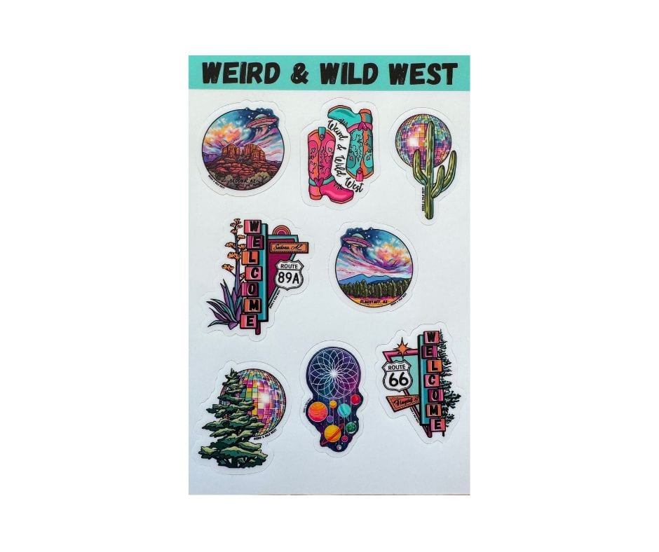 Weird & Wild West sticker sheet with original desert art